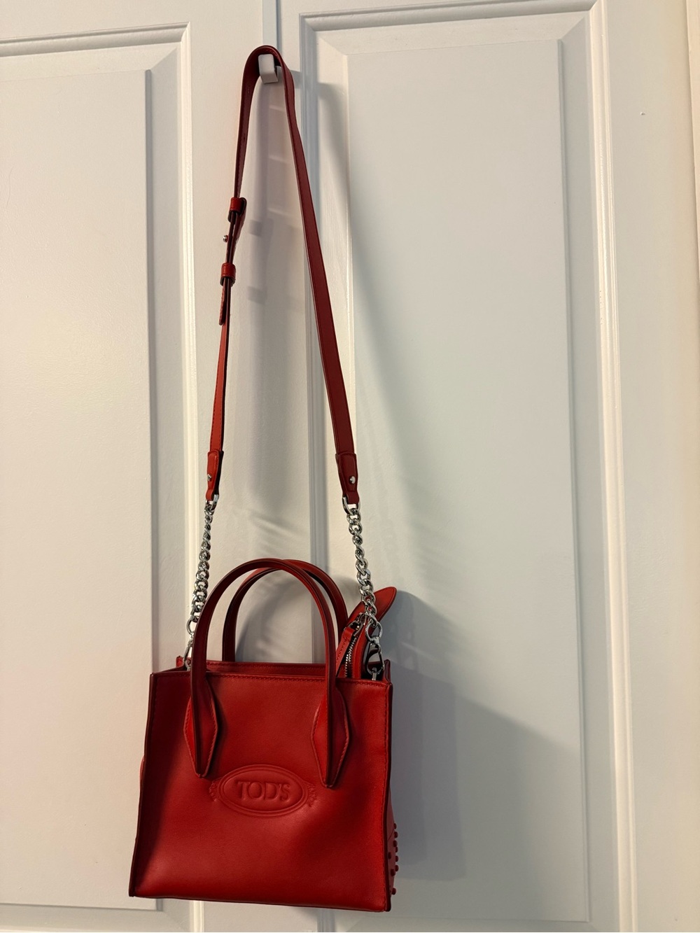 TOD'S Red Leather Mini Tote with Chain-Detail Shoulder Strap
